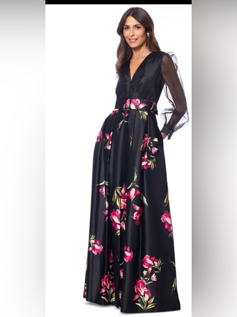 Betsy & Adam Black Maxi Dress with Pink Floral Print - Picture 2 of 11